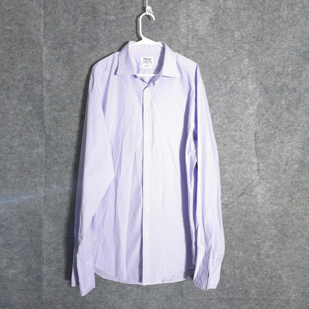 TM Lewin Dress Shirt Mens 18 38 Purple Gingham Regular Fit Two-Fold Cotton